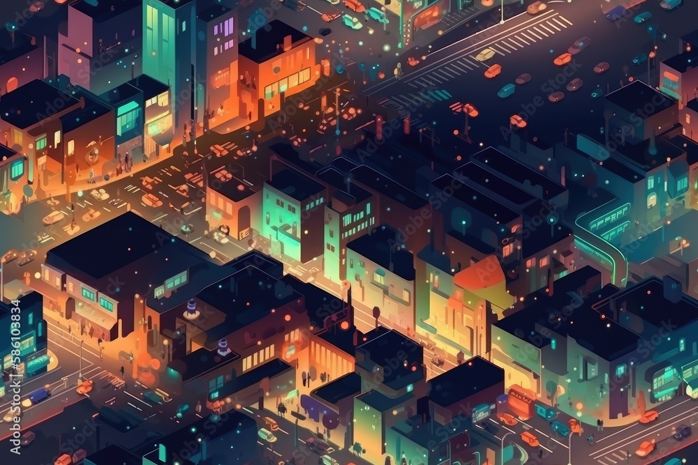 Obraz premium Isometric Illustrated Cartoon Cityscape Town Village Seamless Repeating Repeatable Texture Pattern Tiled Tessellation Background Image