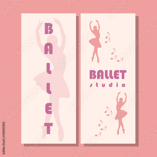 Theatre ticket design. Ballet school flyer template. Ballerina silhouette in the tutu and pointe shoe with butterfly. Brown and purple card design. Vector illustration