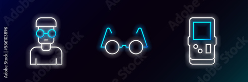 Set line Tetris, Nerd geek and Eyeglasses icon. Glowing neon. Vector