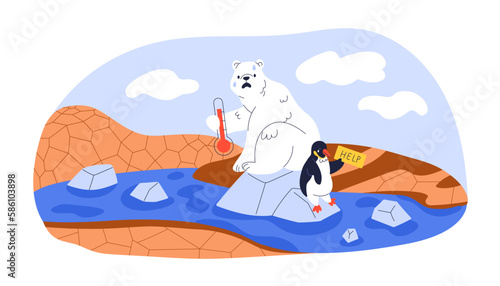 Global warming, world climate changing, ecology concept. Animals and environment in Antarctica in danger. Eco disaster, environmental problem. Flat vector illustration isolated on white background