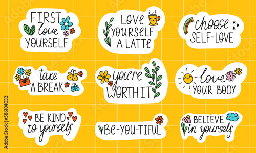 Set of Love Yourself Stickers. Love Yourself Phrases. Quotes Self-care. Health Mental Concept. Elements for print, postcard and poster. Vector illustration