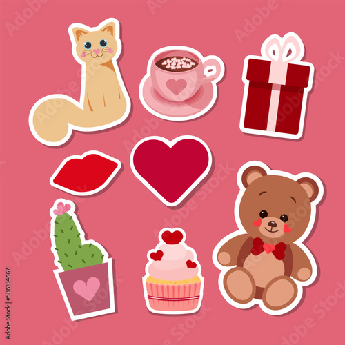 Stickers of heart  lips  gift box  teddy bear  cat  cactus  cup of coffee on the theme of love. Vector illustration