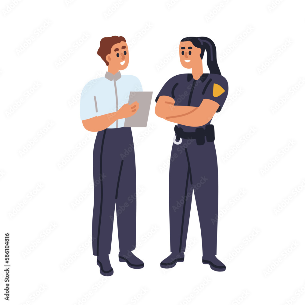 Police officer and detective agent communication. Investigator from FBI talking, speaking with policewoman, cop partner, work together. Flat graphic vector illustration isolated on white background