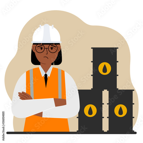 Oil barrels and a sad oilwoman. Oil industry and worker or engineer in special clothes and helmet.