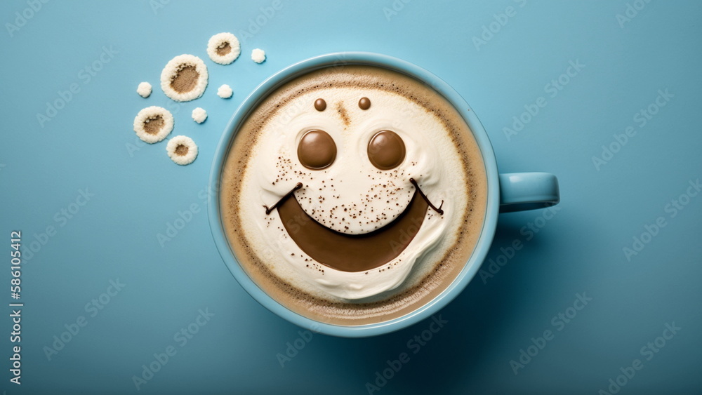 Coffee cup with a happy face drawn on cream. Generative AI. Coffee cup with a happy face drawn on cream. Generative AI.