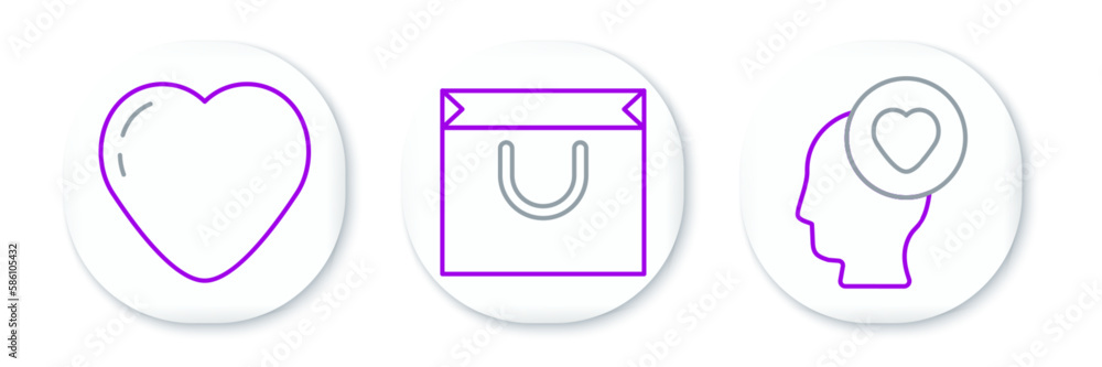 Set line Head with heart, Heart and Shopping bag icon. Vector Set line Head with heart, Heart and Shopping bag icon. Vector