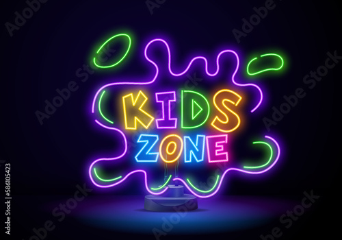 Kids zone neon text with toy car. Amusement park and advertisement design. Night bright neon sign, colorful billboard, light banner. Vector illustration in neon style.