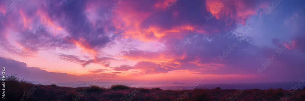 Sky panorama: mesmerizing interplay of pink and purple tones at sunset. Generative AI