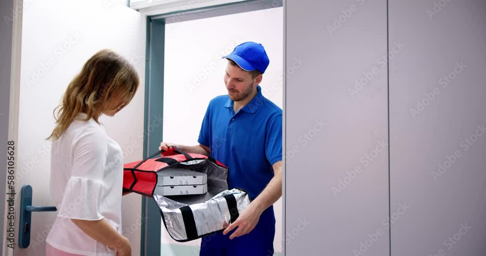 Pizza Delivery Man Giving Pizza Boxes Pizza Delivery Man Giving Pizza Boxes