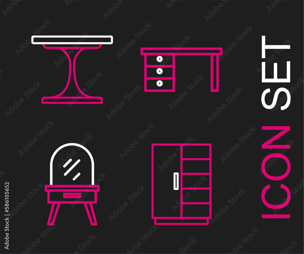Set line Wardrobe, Dressing table, Office desk and Round icon. Vector Set line Wardrobe, Dressing table, Office desk and Round icon. Vector