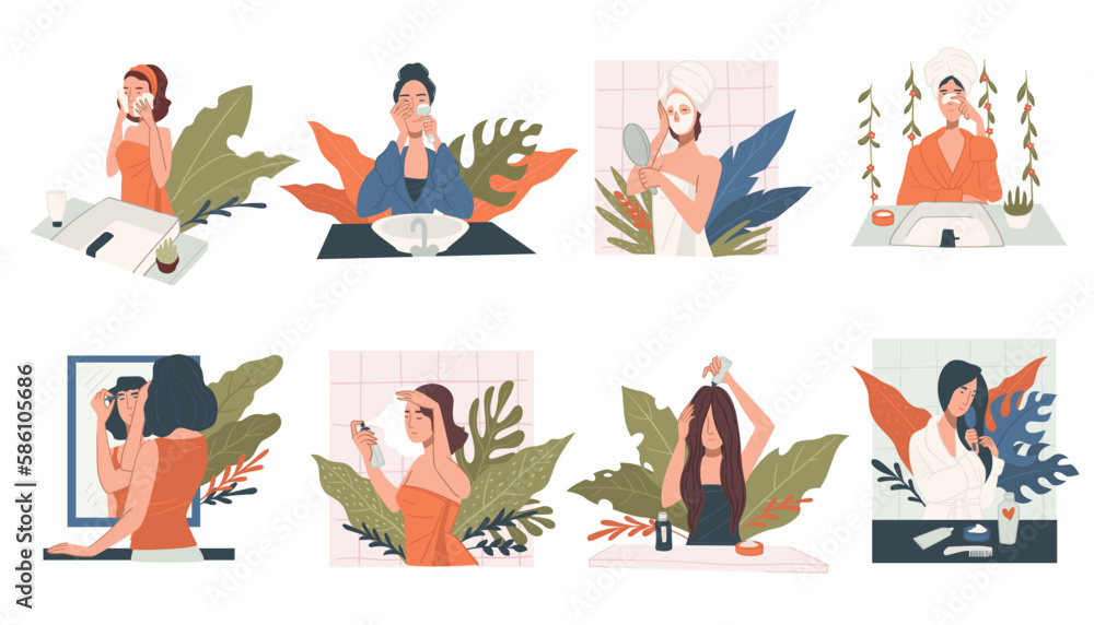 Female characters doing beauty procedures at home Female characters doing beauty procedures at home