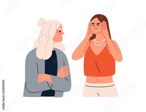 Misunderstanding, conflict between different generations. Senior mother shouting, criticizing young adult daughter. Woman ignores old mom. Flat graphic vector illustration isolated on white background