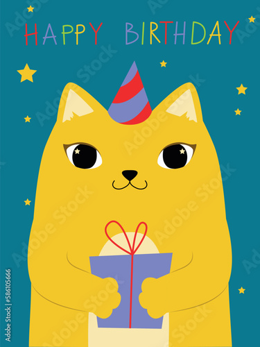 Card template with a cat in a party hat with a gift in his paws. Happy birthday. Vector illustration