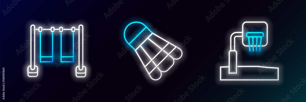 Set line Basketball backboard, Double swing and Badminton shuttlecock icon. Glowing neon. Vector Set line Basketball backboard, Double swing and Badminton shuttlecock icon. Glowing neon. Vector
