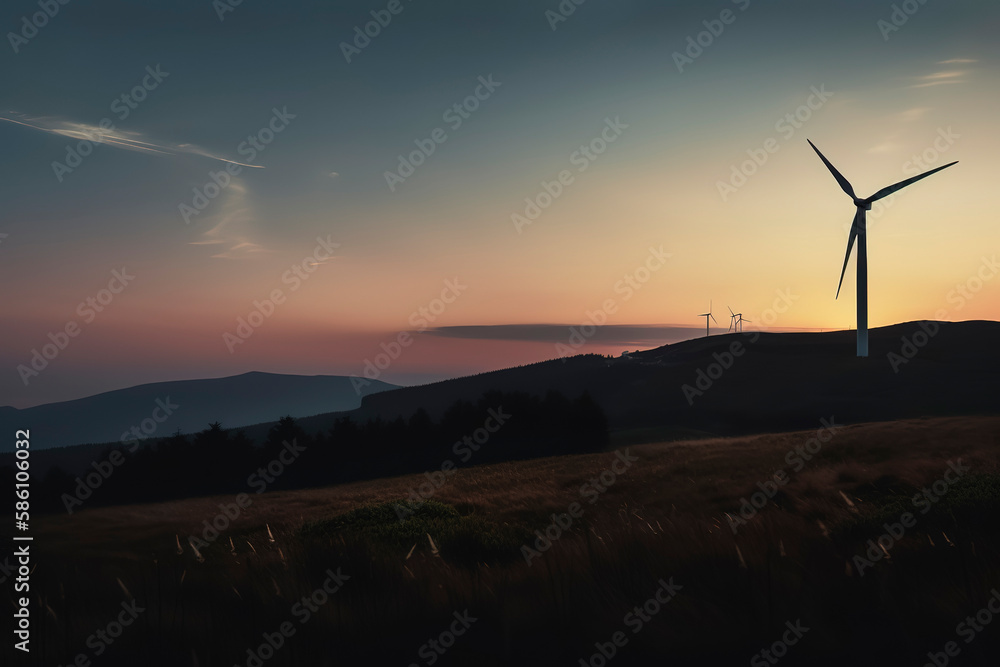 Obraz premium Silhouette of wind turbine on ridge, optimized for effective renewable electricity production. Generative AI