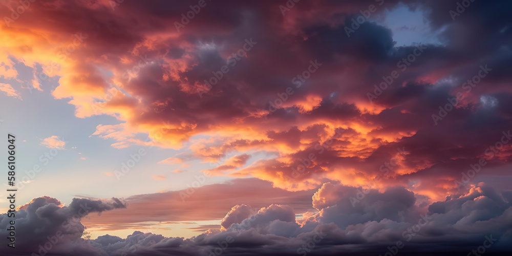 Beautiful sky with picturesque clouds during sunset. Generative AI