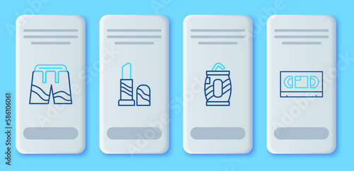 Set line Lipstick, Soda can with straw, Short or pants and VHS video cassette tape icon. Vector