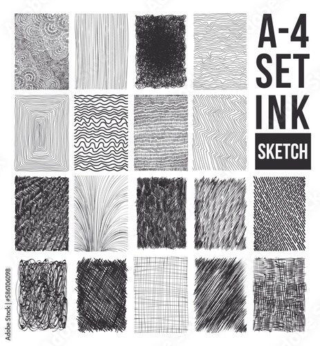 Сollection of ink hand drawn hatch texture. Abstract ink lines, points, hatching, strokes and graphic design. Elements isolated on white background. Set of black vector sketch.