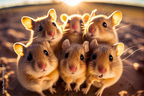 A group of funny mice take a selfie. AI Generated