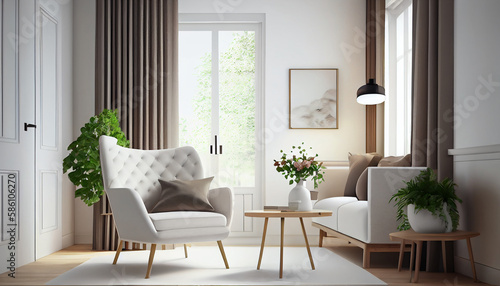 Modern interior design armchair sofa in living room with near windows and mock up poster frame in wall at home  Neutral living room  empty nobody  3D render by Generative AI