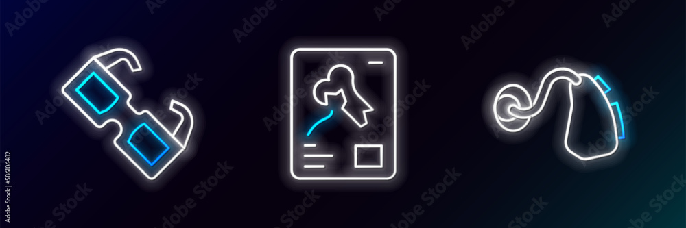 Set line Hearing aid, Eyeglasses and X-ray shots icon. Glowing neon. Vector Set line Hearing aid, Eyeglasses and X-ray shots icon. Glowing neon. Vector