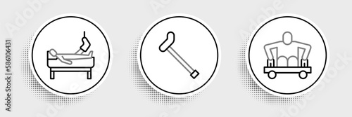 Set line Man without legs sitting wheelchair, Patient broken and Walking stick cane icon. Vector