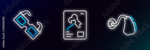 Set line Hearing aid, Eyeglasses and X-ray shots icon. Glowing neon. Vector
