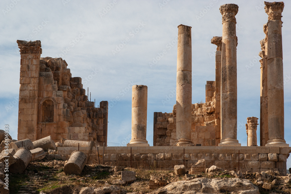 Jordan. Ruins of temple of Zeus. Temple of Zeus built in 1st century AD on high pedestal. Gerasa (Jerash) is ancient city that is six and half thousand years old.  Jerash, Jordan, December 2, 2009