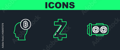 Set line Mining farm, Bitcoin think and Cryptocurrency Zcash ZEC icon. Vector