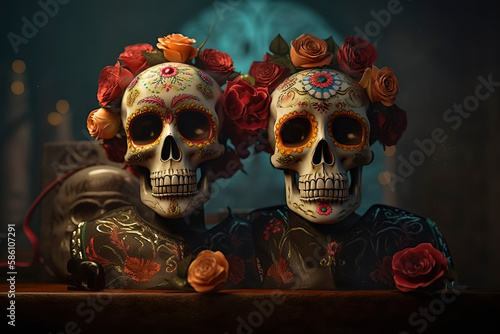 Day of the Dead altar with two festive Mexican skulls surrounded by flowers. Generative AI