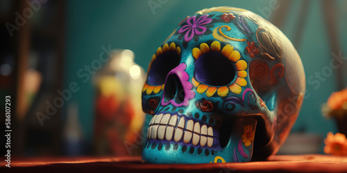 Altar del Día de los Muertos showcasing a classic skull decoration. Generative AI