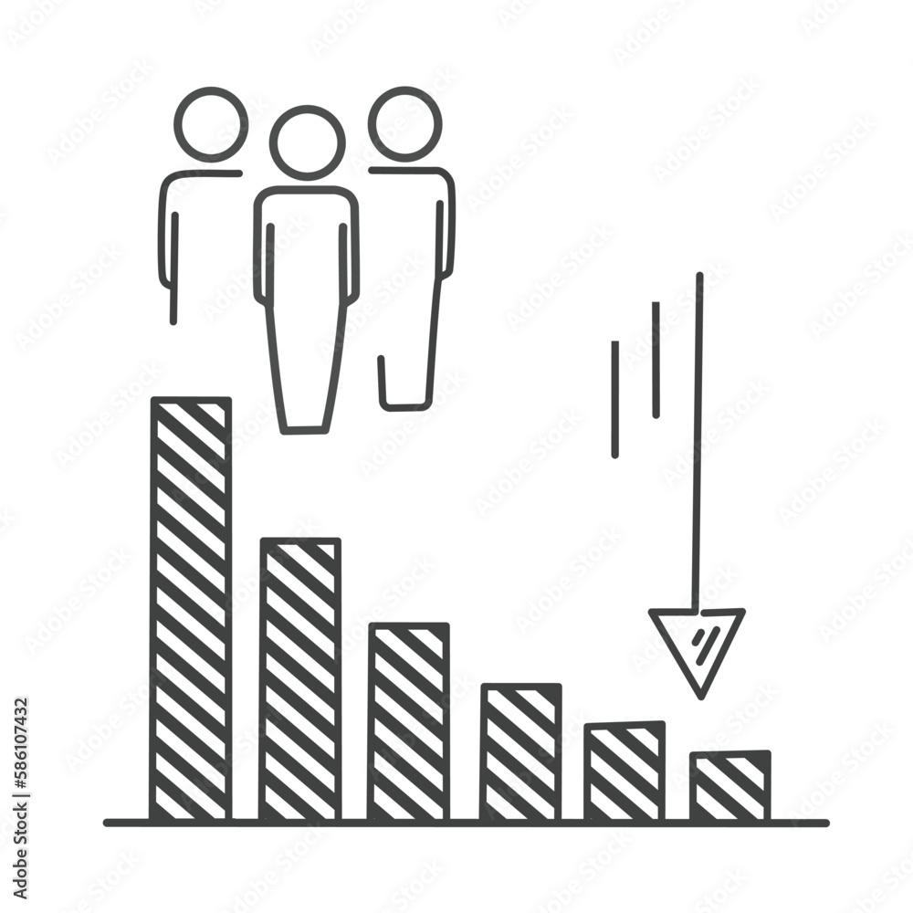 decrease population icon, less people, decline amount, demography drop, thin line symbol on white background - editable stroke vector eps10.