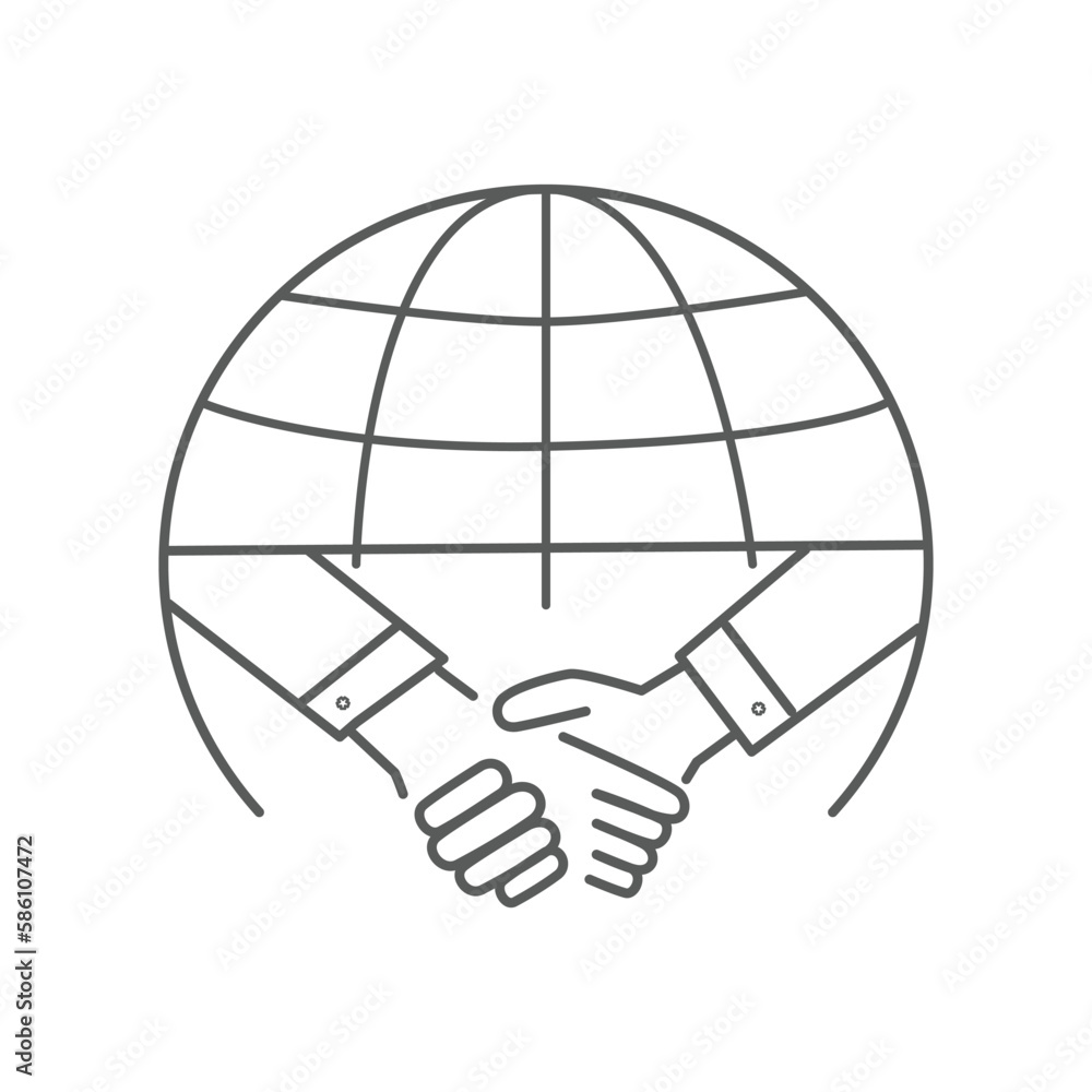 international deal icon, partner handshake, global trade, thin line web symbol on white background - editable stroke vector illustration eps10. international deal icon, partner handshake, global trade, thin line web symbol on white background - editable stroke vector illustration eps10.