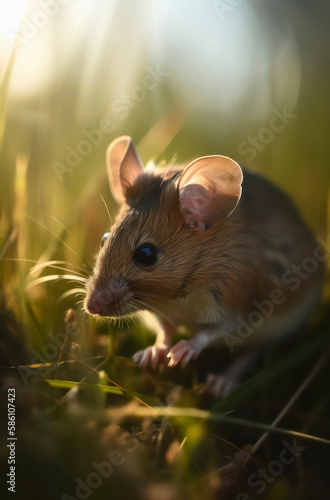 Little brown mouse in the grass at warm sunny day. Generative AI. © Hanna