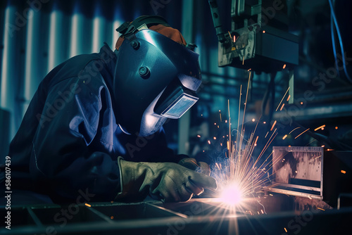 Industrial welding: worker skillfully joins metal pipes at a factory. Generative AI