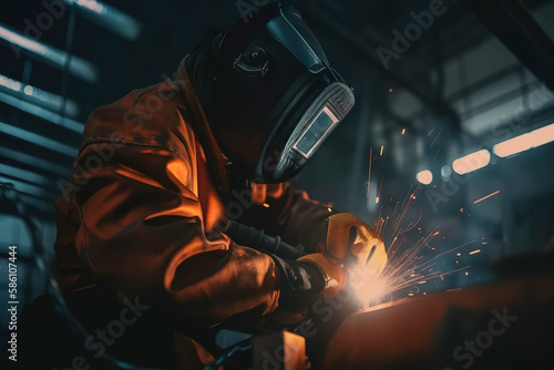 Factory welding in action: industrial worker welding metal pipes. Generative AI