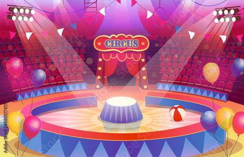 Circus arena with a round stage for the show. Empty stage interior with seats, flags, spotlights and balloons. Cartoon vector illustration