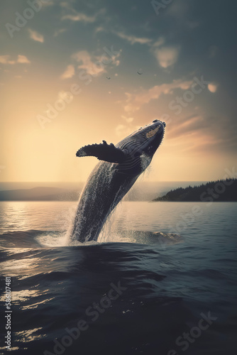 Humpback whale's tail breaches ocean surface, water droplets spraying around. Generative AI © Lemart