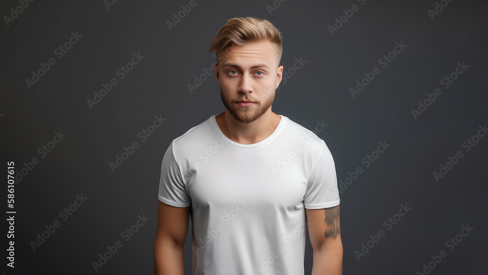 Handsome blond man with blue eyes wearing simple white t- shirt. Isolated on dark background. White t- shirt mock up. Handsome blond man with blue eyes wearing simple white t- shirt. Isolated on dark background. White t- shirt mock up.
