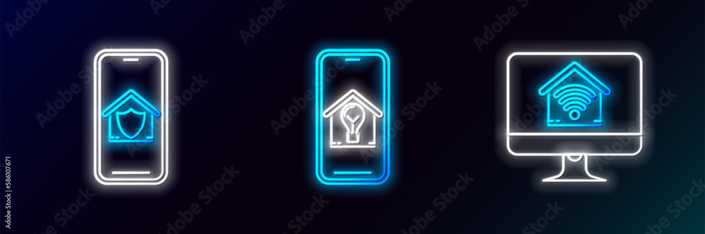 Set line Computer monitor with smart home with wi-fi, Mobile phone house under protection and and light bulb icon. Glowing neon. Vector Set line Computer monitor with smart home with wi-fi, Mobile phone house under protection and and light bulb icon. Glowing neon. Vector