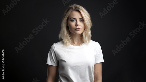 Beautiful blond woman with blue eyes wearing simple white t-shirt. Isolated on dark background. White t- shirt mock up.