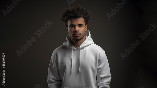 Handsome black man with brown eyes wearing simple white hoodie. Isolated on dark background. White hoodie mock up.