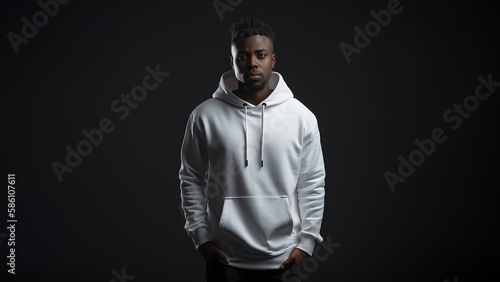 Handsome black man with brown eyes wearing simple white hoodie. Isolated on dark background. White hoodie mock up.