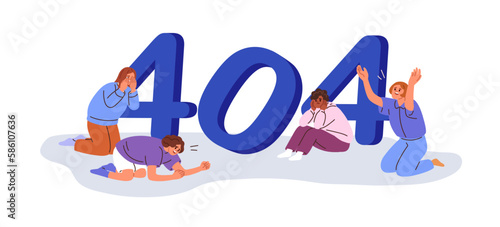 Page not Found, 404 web error, access failure. Technical mistake, unloaded website, unavailable page, wrong webpage, crying sad people. Flat graphic vector illustration isolated on white background