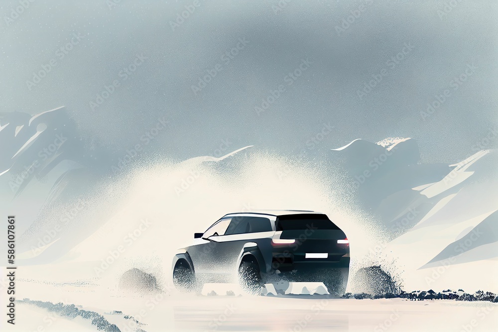 illustration of Electric SUV driving on the snow road, generative ai content by Midjourney