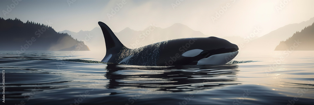 Stunning image of a killer whale majestically swimming in the ocean. Generative AI - obrazy, fototapety, plakaty 