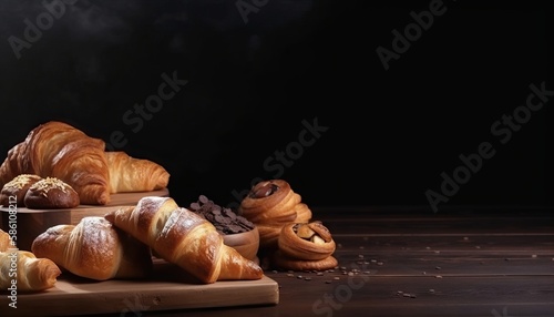 Croissants and bread frame with copy space. Generative ai