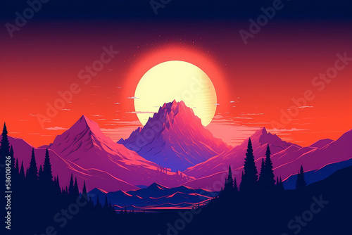 Sun over snowy mountains  Beautiful mountain landscape. AI Generated