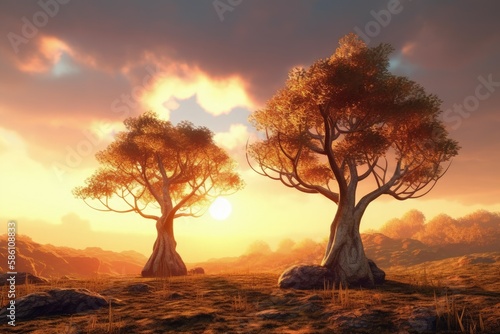 Illustration of two trees standing in a vast and open field created with Generative AI technology