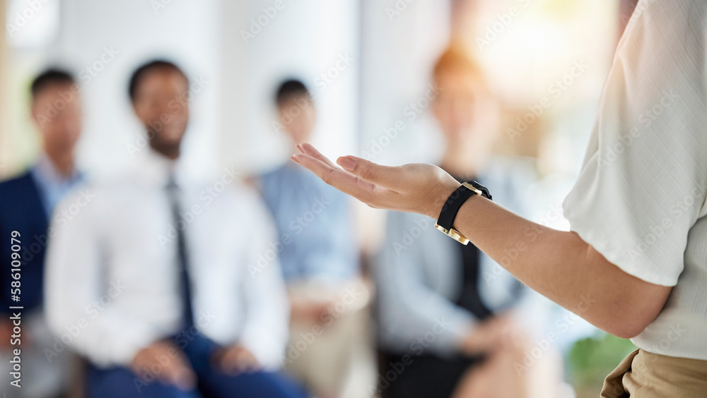 Leadership, presentation and hands of a manager in a conference for a meeting or training workshop. Coaching, staff and a speaker with a speech, talking and standing with employees for a seminar